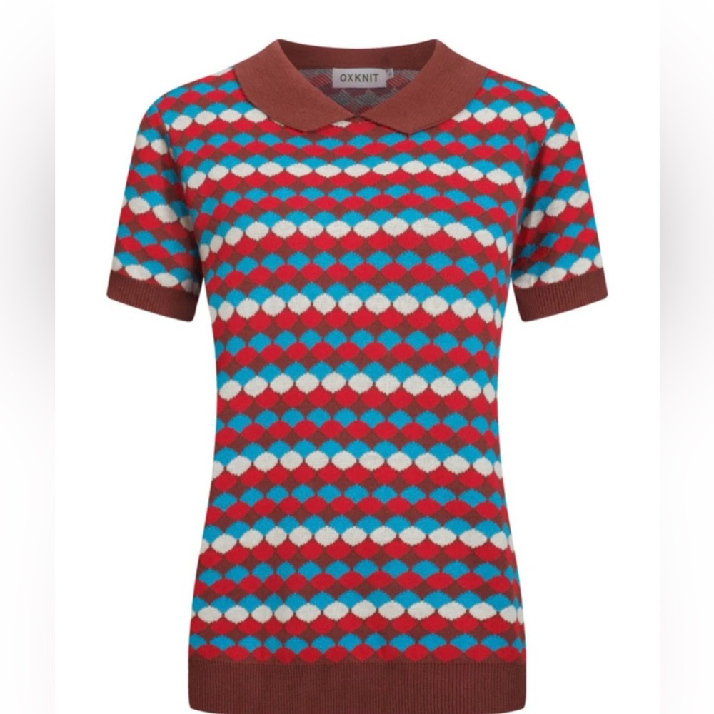 OXKNIT retro polo short-Sleeve Patterned Sweater in Burgundy, Teal & Cream XL